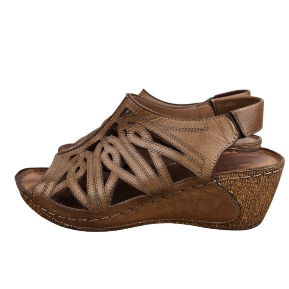 Karyoka Brown Leather Cutout Wedge Sandals Sz 38 US 7.5 - 8 Boho Beach - Picture 4 of 15